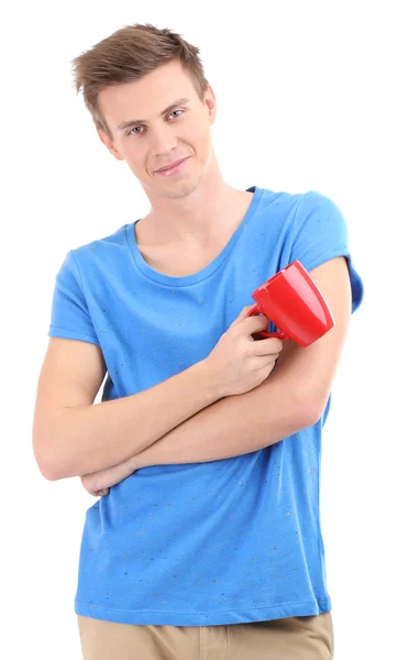 Portrait of handsome young man with cup, isolated on white — Stock Photo, Image