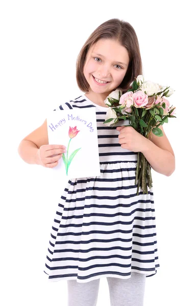 Hermosa niña con flores y postal en la mano, aislada en blanco — Foto de Stock