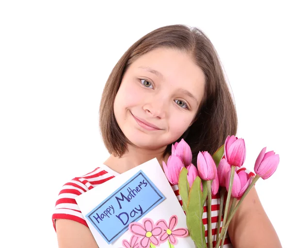 Beautiful little girl with flowers and postcard in her hand, isolated on white — Stock Photo, Image