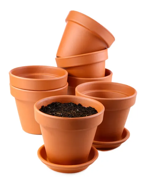 Clay flower pots and soil, isolated on white — Stock Photo, Image