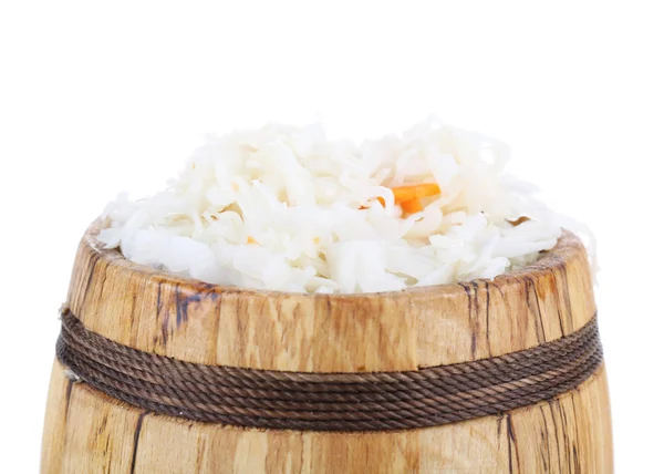 Marinated cabbage (sauerkraut), in wooden barrel, isolated on white — Stock Photo, Image
