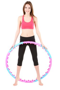 kadın ile üzerine beyaz izole hula hoop egzersizleri yapıyor