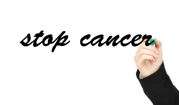 Pare de escrever mão do câncer em placa transparente — Fotografia de Stock
