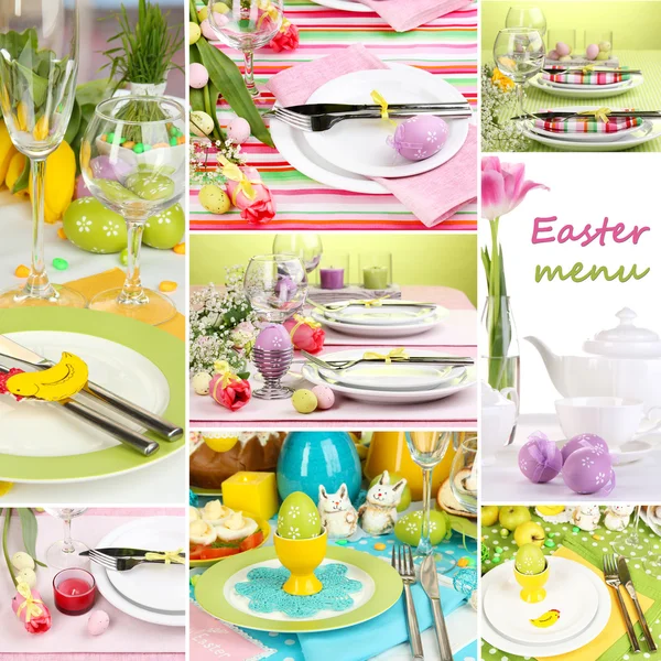 Ostercollage mit Ostereiern und Tischdekoration — Stockfoto