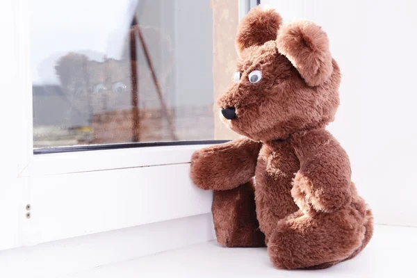 Toy-bear looking out window close-up — Stock Photo, Image