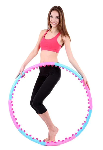 Frau macht Übungen mit Hula-Hoop-Reifen isoliert auf weiß — Stockfoto