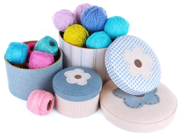 Decorative boxes with colorful skeins of thread isolated on white — Stock Photo, Image