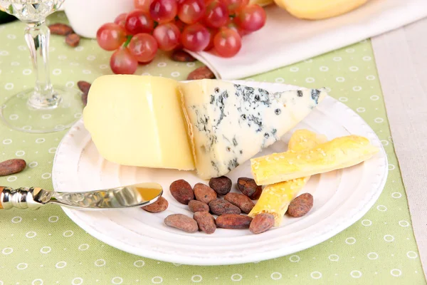 Assorted cheese plate, cocoa beans and grape on pink close-up — Stock Photo, Image