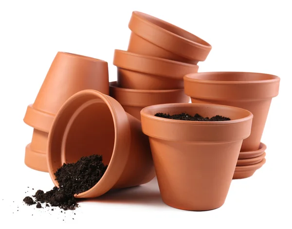 Pots et terre de fleurs d'argile, isolés sur blanc — Photo