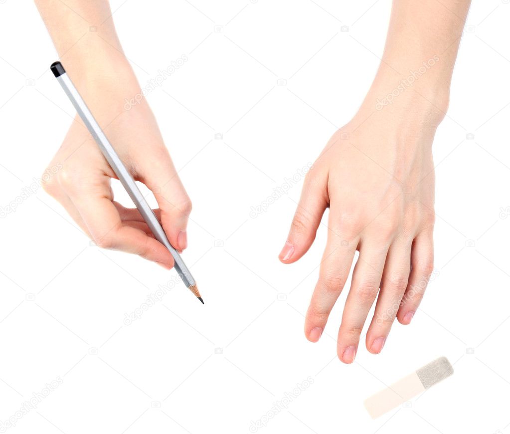 Human hands with pencil and erase rubber, isolated on white