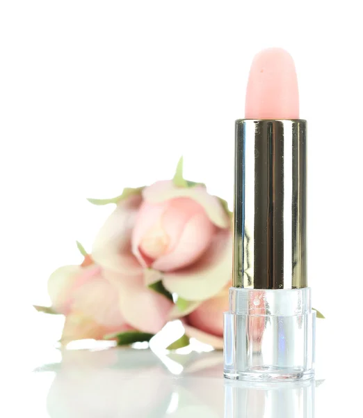 Lápiz labial higiénico con rosa aislada en blanco — Foto de Stock