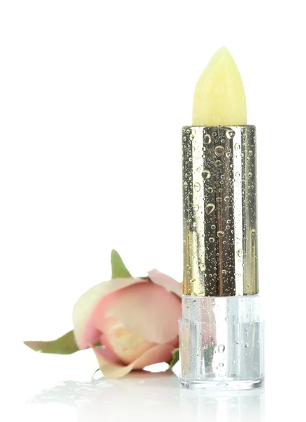 Hygiënische lippenstift met roos geïsoleerd op wit — Stockfoto