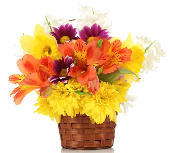 Beautiful flowers in wicker basket, isolated on white — Stock Photo, Image