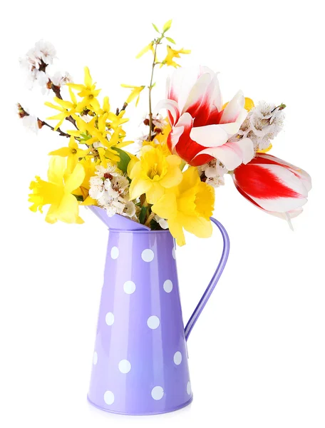 Beautiful flowers in watering can isolated on white — Stock Photo, Image