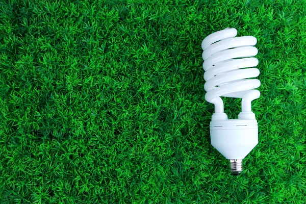 Lâmpada de poupança de energia no fundo de grama verde — Fotografia de Stock