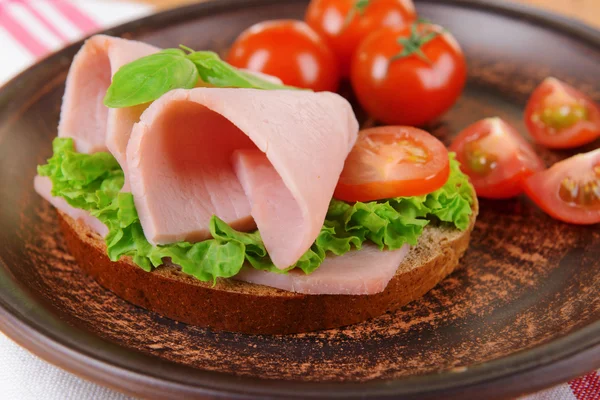 Lahodné sendviče se salátem a šunkou na talíři na stole zblízka — Stock fotografie
