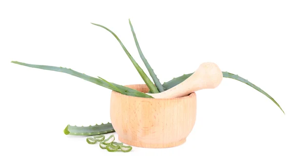 Fresh green aloe leaves in wooden mortar, isolated on white — Stock Photo, Image