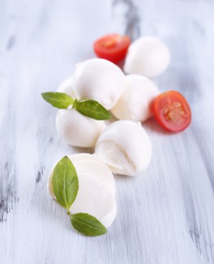 ahşap masa üstünde domates ve fesleğen ile lezzetli mozzarella peyniri