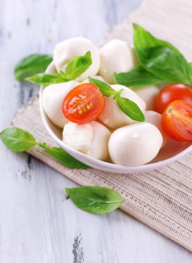 kase, ahşap masa üstünde domates ve fesleğen ile lezzetli mozzarella peyniri