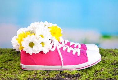 parlak zemin üzerine yeşil çimenlerin üstünde çiçekli güzel lastikbotlar