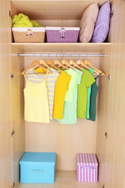 Female clothes on hangers in wardrobe