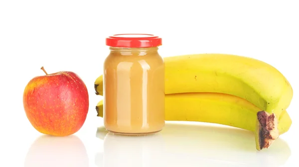 Pot avec fruits aliments pour bébés isolés sur blanc — Photo