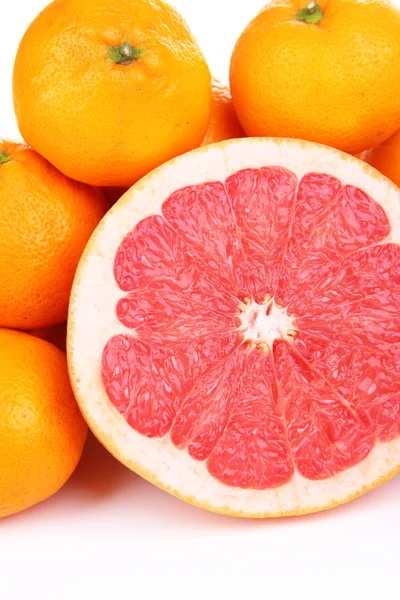 Ripe sweet tangerines and grapefruit, isolated on white — Stock Photo, Image