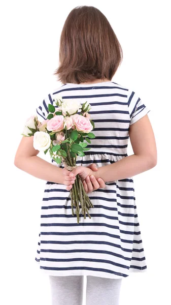 Beautiful little girl with flowers in her hand, isolated on white — Stock Photo, Image