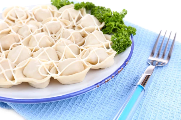 Meat dumplings - russian boiled pelmeni in plate — Stock Photo, Image