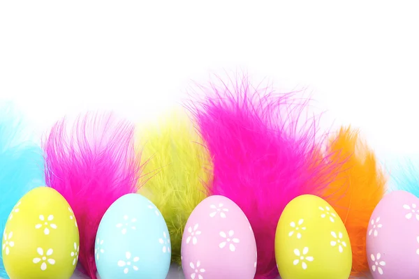 Easter eggs and decorative feathers, isolated on white — Stock Photo, Image