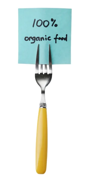 Opmerking papier met bericht gekoppeld aan vork, geïsoleerd op wit — Stockfoto