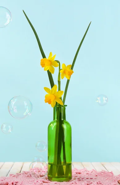 Beautiful irises and daffodils in bottle, on blue background — Stock Photo, Image