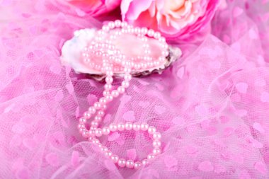 Pembe kumaş üzerine kabuğundaki güzel inciler