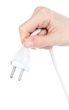 Elektrik fişi üzerinde beyaz izole tutmak el 