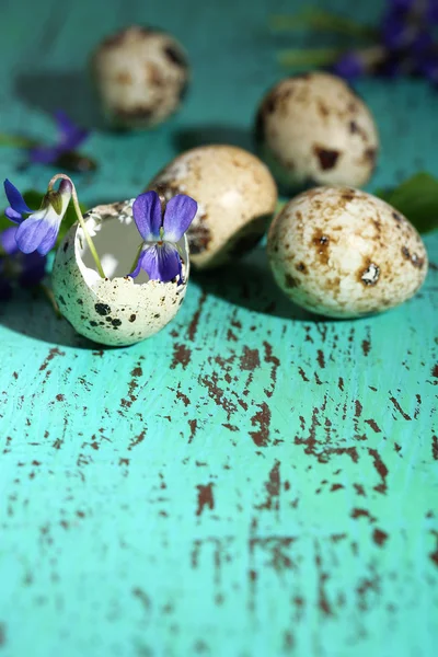 Великодня композиція з фіолетовими квітами в яєчних мушлях на дерев'яному столі — стокове фото