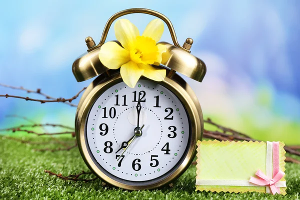 Alarm clock on green grass, on nature background — Stock Photo, Image