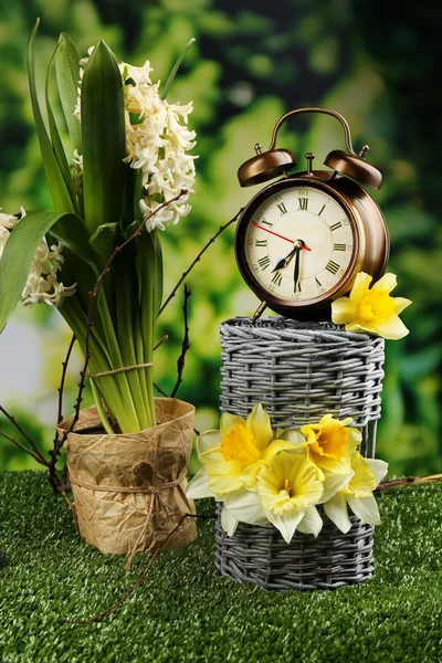 Alarm clock on green grass, on nature background — Stock Photo, Image