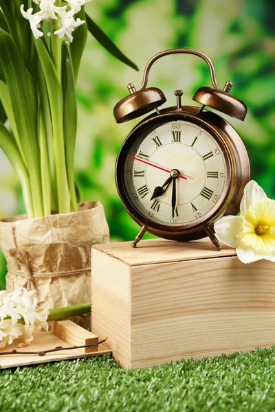 Reloj despertador sobre hierba verde, sobre fondo natural —  Fotos de Stock
