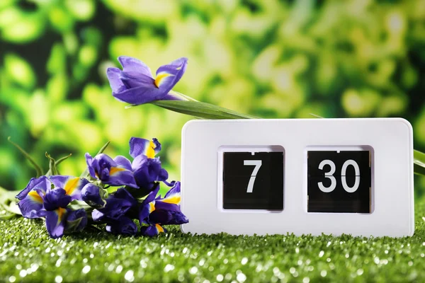 Reloj despertador digital sobre hierba verde, sobre fondo natural —  Fotos de Stock