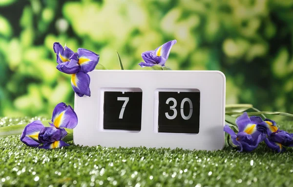 Digital alarm clock on green grass, on nature background — Stock Photo, Image