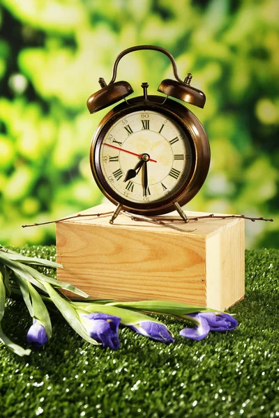 Digital alarm clock on green grass, on nature background — Stock Photo, Image