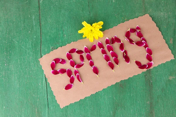 Romantic spring letters made of pink petals, on wooden background — Stock Photo, Image