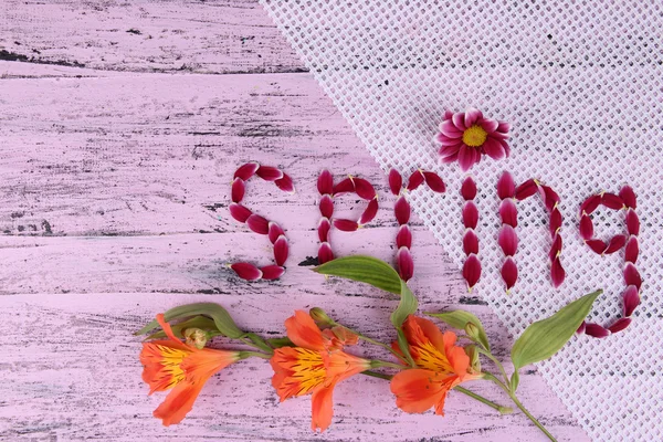 Romantic spring letters made of pink petals, on color wooden background — Stock Photo, Image