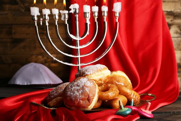 Festive composition for Hanukkah on cloth close-up — Stock Photo, Image