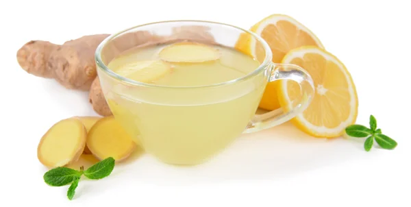 Té de jengibre saludable con limón y miel aislados en blanco —  Fotos de Stock