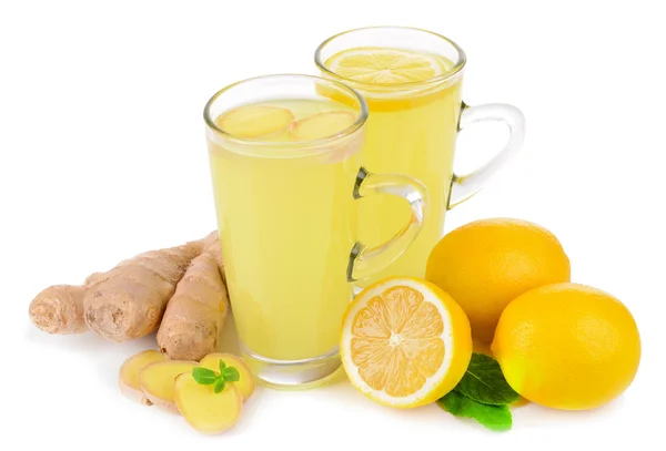 Υγιή τζίντζερ τσάι με λεμόνι και μέλι που απομονώνονται σε λευκόzdravé zázvorový čaj s citronem a medem izolovaných na bílém — Stock fotografie