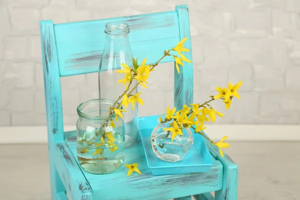Schöne Forsythienblüte in transparenten Gläsern auf grauem Wandhintergrund — Stockfoto