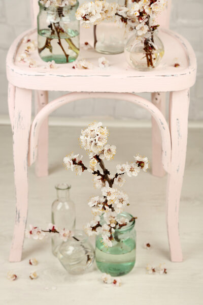 Beautiful apricot blossom in transparent jars on grey wall background