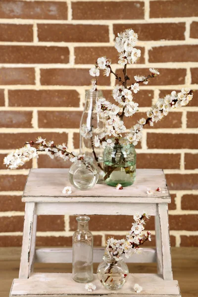 Beautiful apricot blossom in transparent jars on brick wall background — Stock Photo, Image