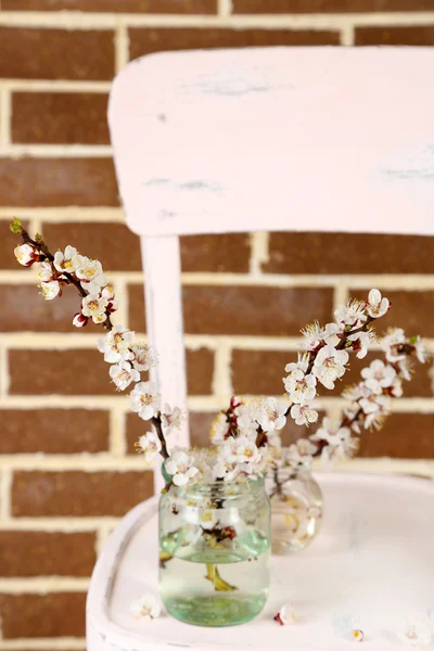 Krásná meruňkový květ v průhledných nádob na cihlovou zeď pozadí — Stock fotografie